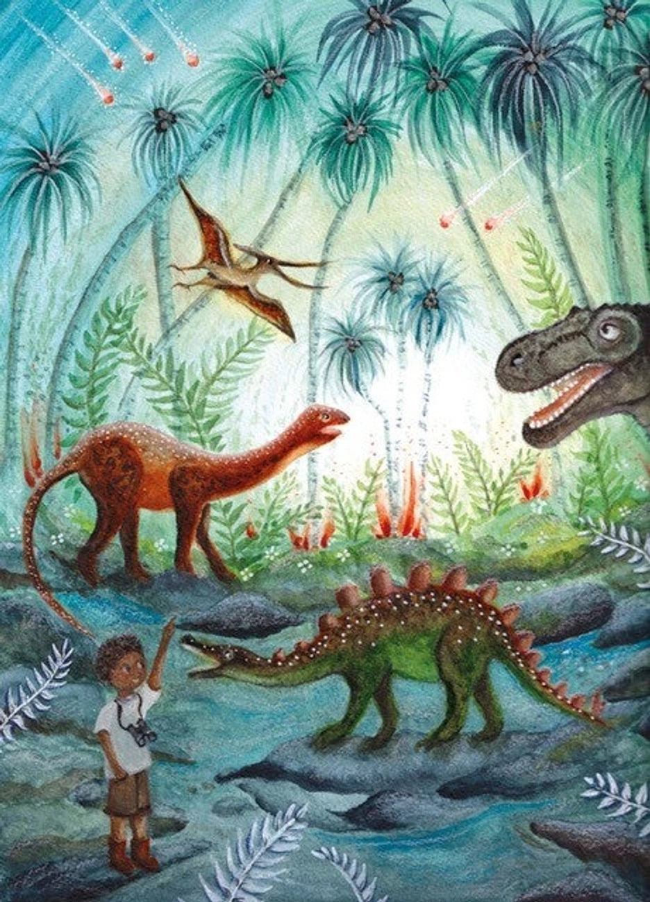 Postkarte Dino Abenteuer von Bijdehansje A6, Kind am Fluss im Dschungel zwischen Dinosauriern, darüber ein Flugsaurier