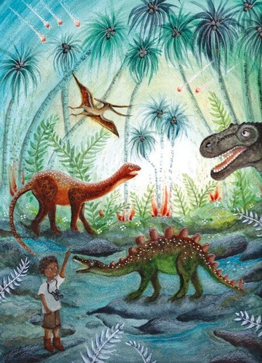 Postkarte Dino Abenteuer von Bijdehansje A6, Kind am Fluss im Dschungel zwischen Dinosauriern, darüber ein Flugsaurier