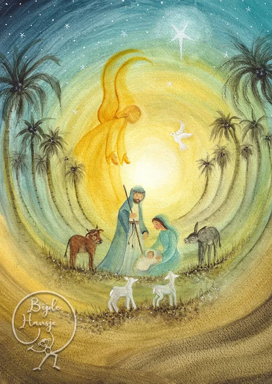 Postkarte Eine Weihnachtsgeschichte von Bijdehansje A6, Krippe mit Maria, Josef und dem Kind unter Palmen, Engel und Stern in goldenem Licht