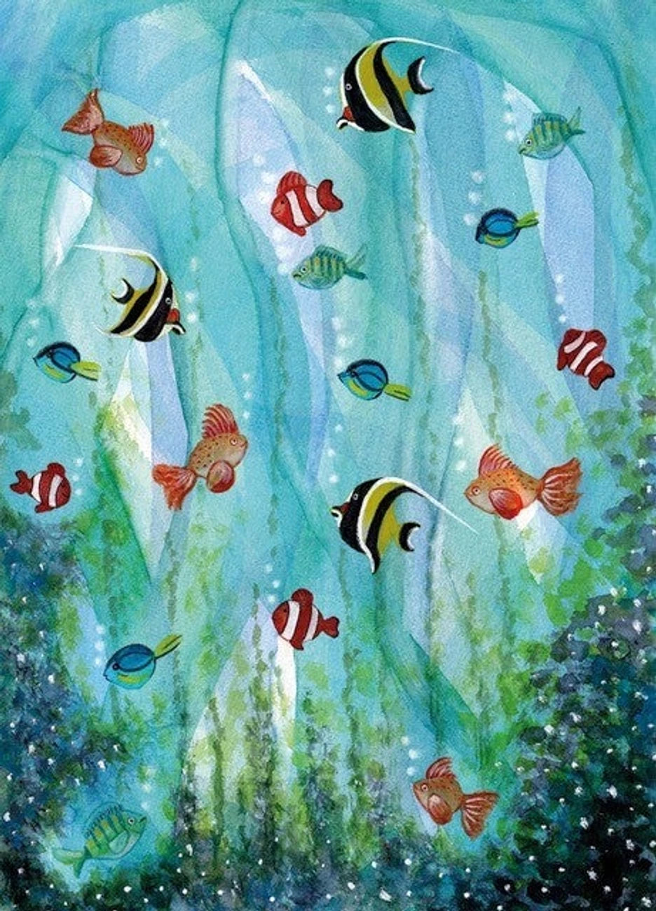 Postkarte Fische von Bijdehansje A6, Bunte gestreifte Fische schwimmen zwischen Algen im türkisen Wasser