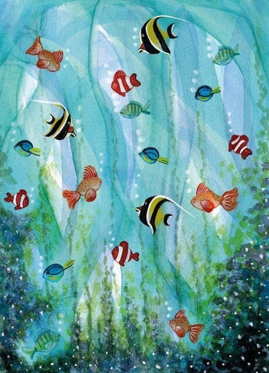 Postkarte Fische von Bijdehansje A6, Bunte gestreifte Fische schwimmen zwischen Algen im türkisen Wasser