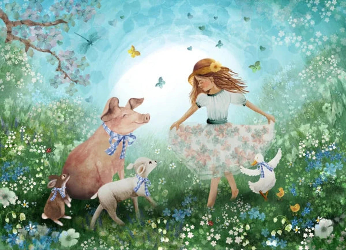 Postkarte Frühlingsfest von Bijdehansje A6, Gestalt im Blütenkleid tanzt mit Schwein, Lamm, Hase und Küken über die Frühlingswiese