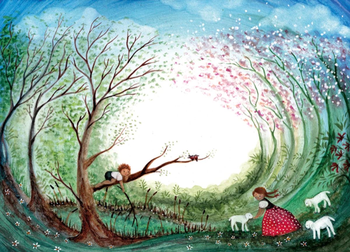 Postkarte Frühlingszeit von Bijdehansje A6, Blühende Bäume in Rosa, ein Kind mit Lämmern auf der Frühlingswiese