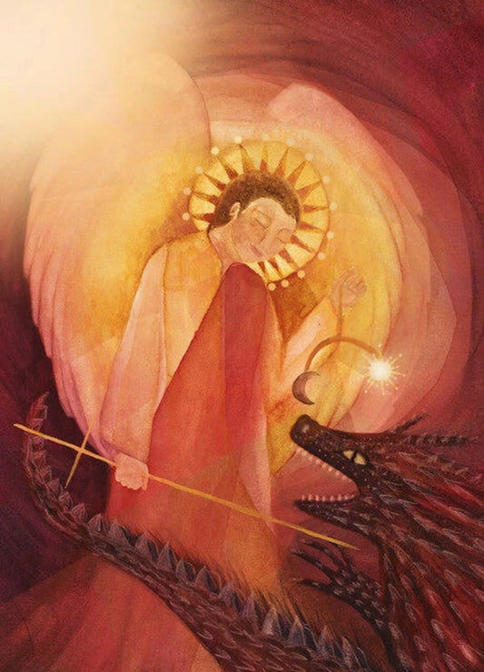 Postkarte Heiliger Michael von Bijdehansje A6, Erzengel Michael mit Strahlenkranz und Schwert vor einem Drachen in Rot und Gold