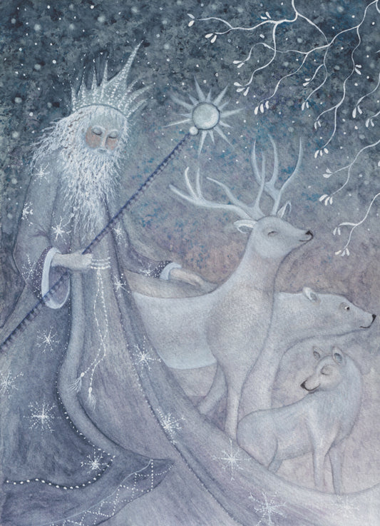 Postkarte König Winter von Bijdehansje A6, König Winter mit Krone und Sternenstab, daneben ein weißer Hirsch, ein Eisbär und ein Wolf im Schnee