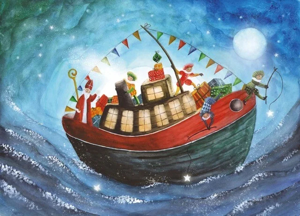 Postkarte Nikolaus auf dem Boot von Bijdehansje A6, Nikolaus mit Helfern und Geschenken auf einem roten Dampfboot im Mondschein