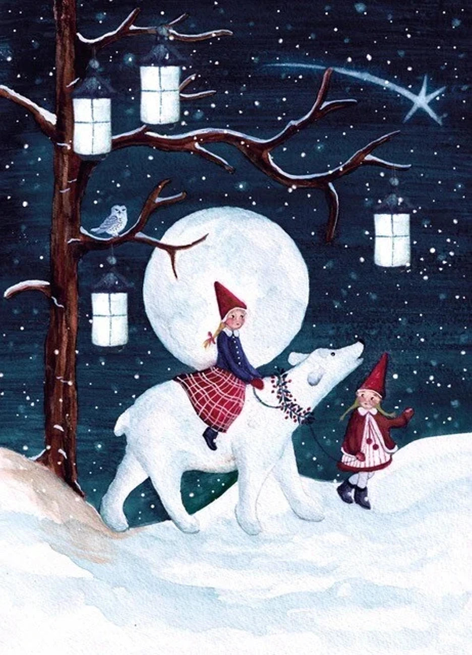 Postkarte Polar Kinder von Bijdehansje A6, Wichtelkind reitet auf einem Eisbären, Laternen im Baum, Eule und Vollmond