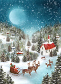 Postkarte Rentierschlitten im Winterdorf von Bijdehansje A6, Weihnachtsmann im Schlitten mit Rentieren, verschneites Dorf mit Kirche und Vollmond
