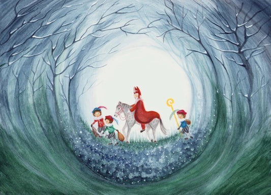 Postkarte Santa Klaus von Bijdehansje A6, Nikolaus auf dem Schimmel in einem Tunnel aus verschneiten Bäumen, Kinder laufen ihm entgegen