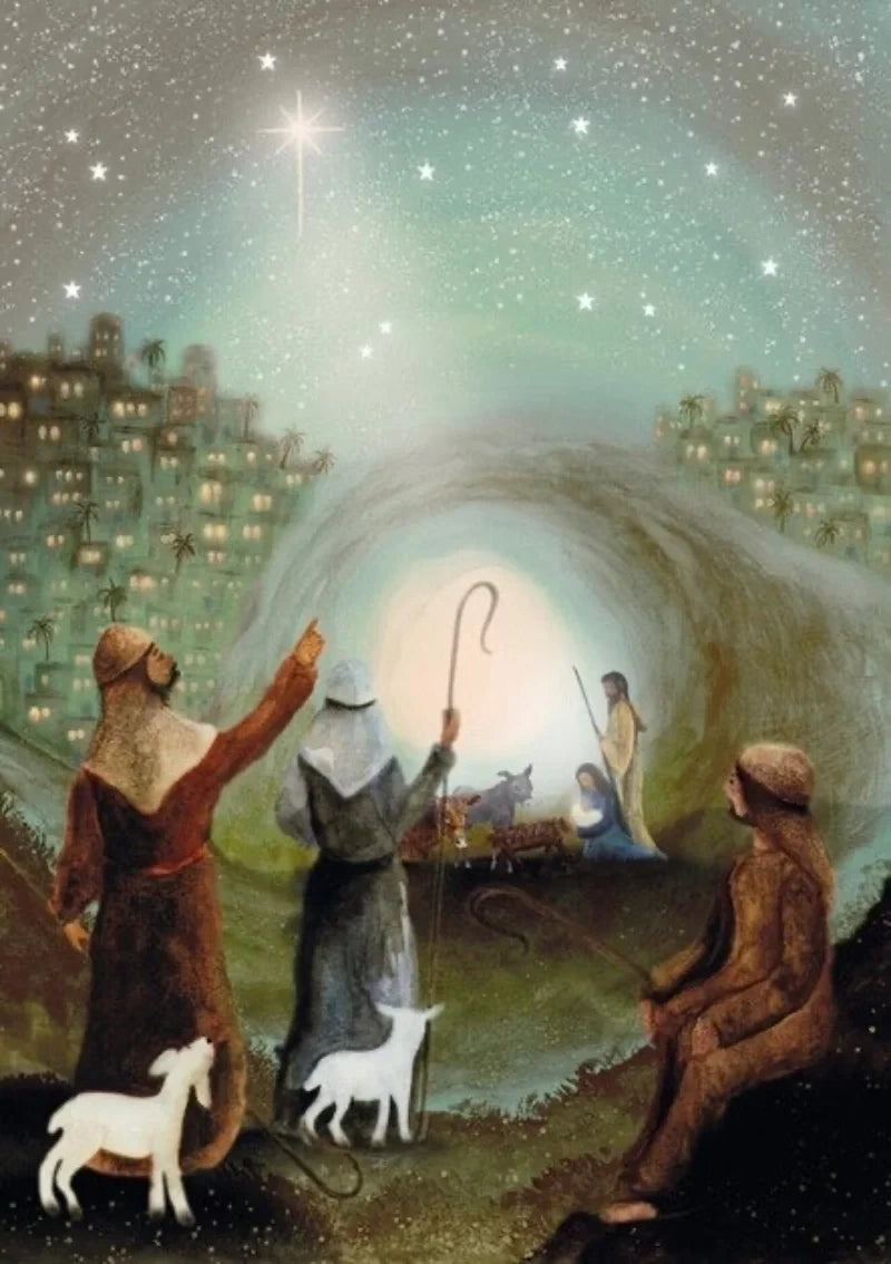 Postkarte Stern von Bethlehem von Bijdehansje A6, Hirten mit Schafen schauen zum hellen Stern, in der Ferne der Stall mit der Krippe