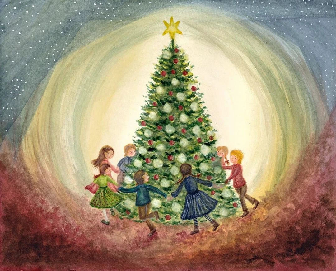 Postkarte Tanz um den Weihnachtsbaum von Bijdehansje A6, Kinder tanzen Hand in Hand um einen geschmückten Weihnachtsbaum mit Stern