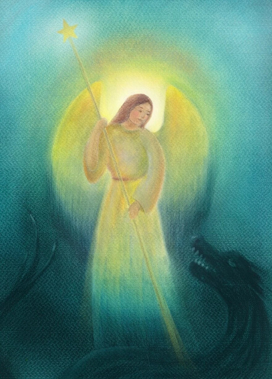 Postkarte Triumph des Lichts von Bijdehansje A6, Erzengel Michael in goldenem Licht mit Sternenstab, dahinter der Schatten eines Drachen