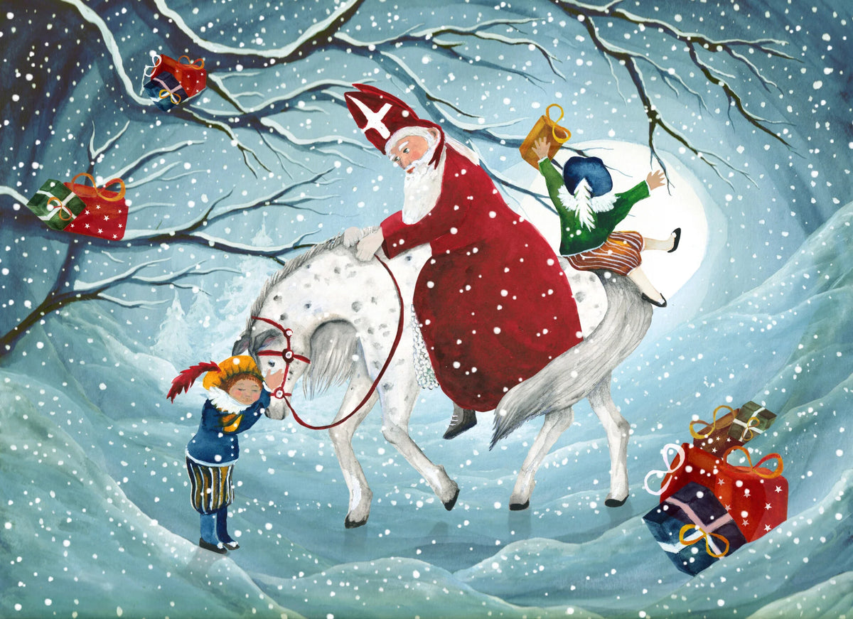 Postkarte Weihnachtsmann auf dem Pferd von Bijdehansje A6, Nikolaus mit Helfer auf dem Schimmel im Schneegestöber, ein Kind am Pferdekopf und Geschenke im Schnee