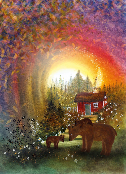 Postkarte Wilder Sonnenuntergang von Bijdehansje A6, Bärenfamilie vor einer roten Hütte im Herbstwald, der Himmel glüht in allen Farben