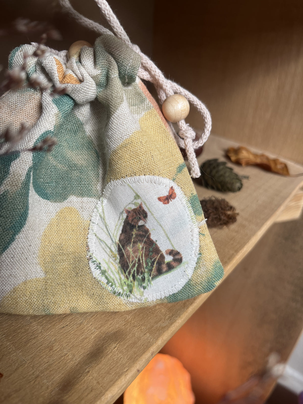 Schatzbeutel Katze, Nahaufnahme vom aufgenähten Motiv, Foto