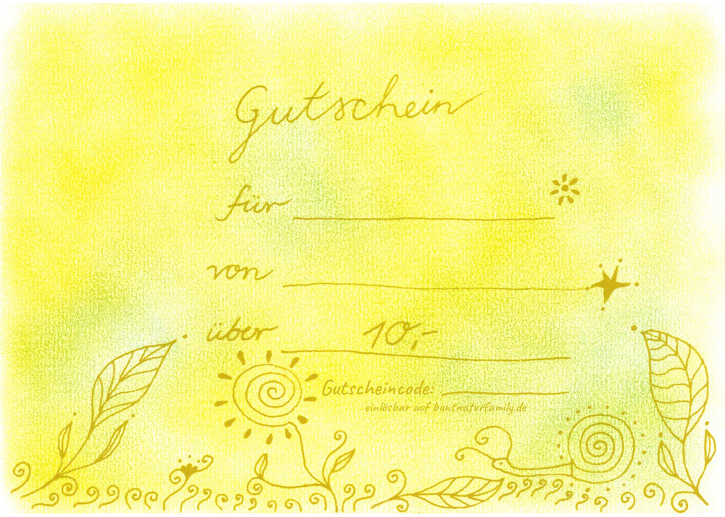 Gutschein über 10 € von buntnatur Family, handgemaltes Aquarell in Gelb und Grün mit Sonne, Schnecke und Blättern
