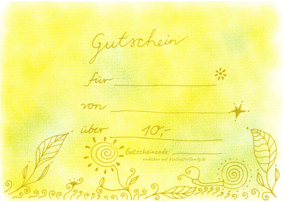 Gutschein über 10 € von buntnatur Family, handgemaltes Aquarell in Gelb und Grün mit Sonne, Schnecke und Blättern