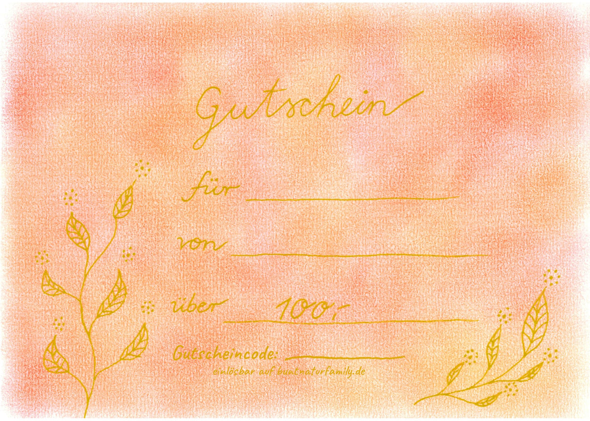 Gutschein über 100 € von buntnatur Family, handgemaltes Aquarell in Rot-Orange mit Blätterzweigen