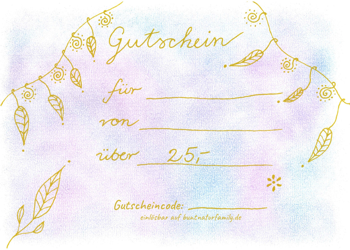Gutschein über 25 € von buntnatur Family, handgemaltes Aquarell in Lila und Blau mit Blättergirlande