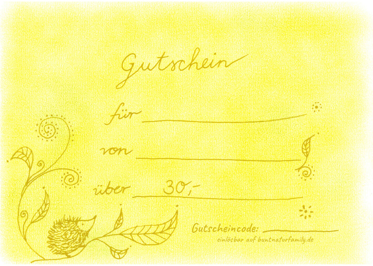 Gutschein über 30 € von buntnatur Family, handgemaltes Aquarell in Gelb mit Igel und Ranken