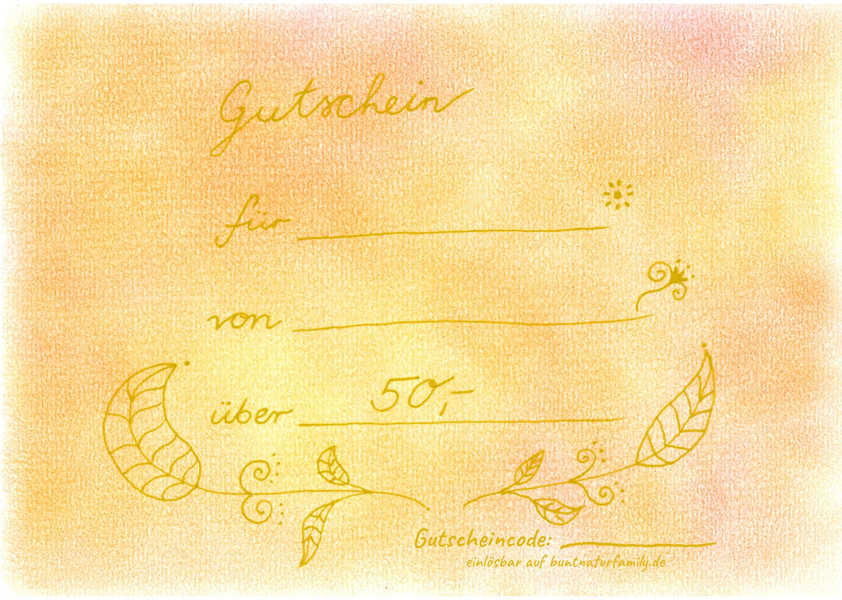 Gutschein über 50 € von buntnatur Family, handgemaltes Aquarell in Orange mit Blattgirlanden