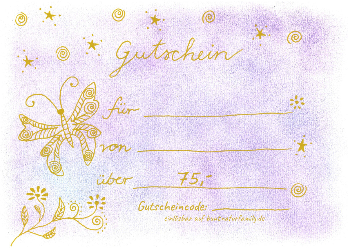 Gutschein über 75 € von buntnatur Family, handgemaltes Aquarell in Lila mit Schmetterling, Sternen und Blumen