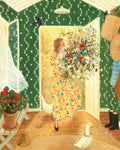 Karte Willkommen im Sommer von Loré Pemberton: Blumenstrauß und Gänse vor einem einladenden Haus im Sommer