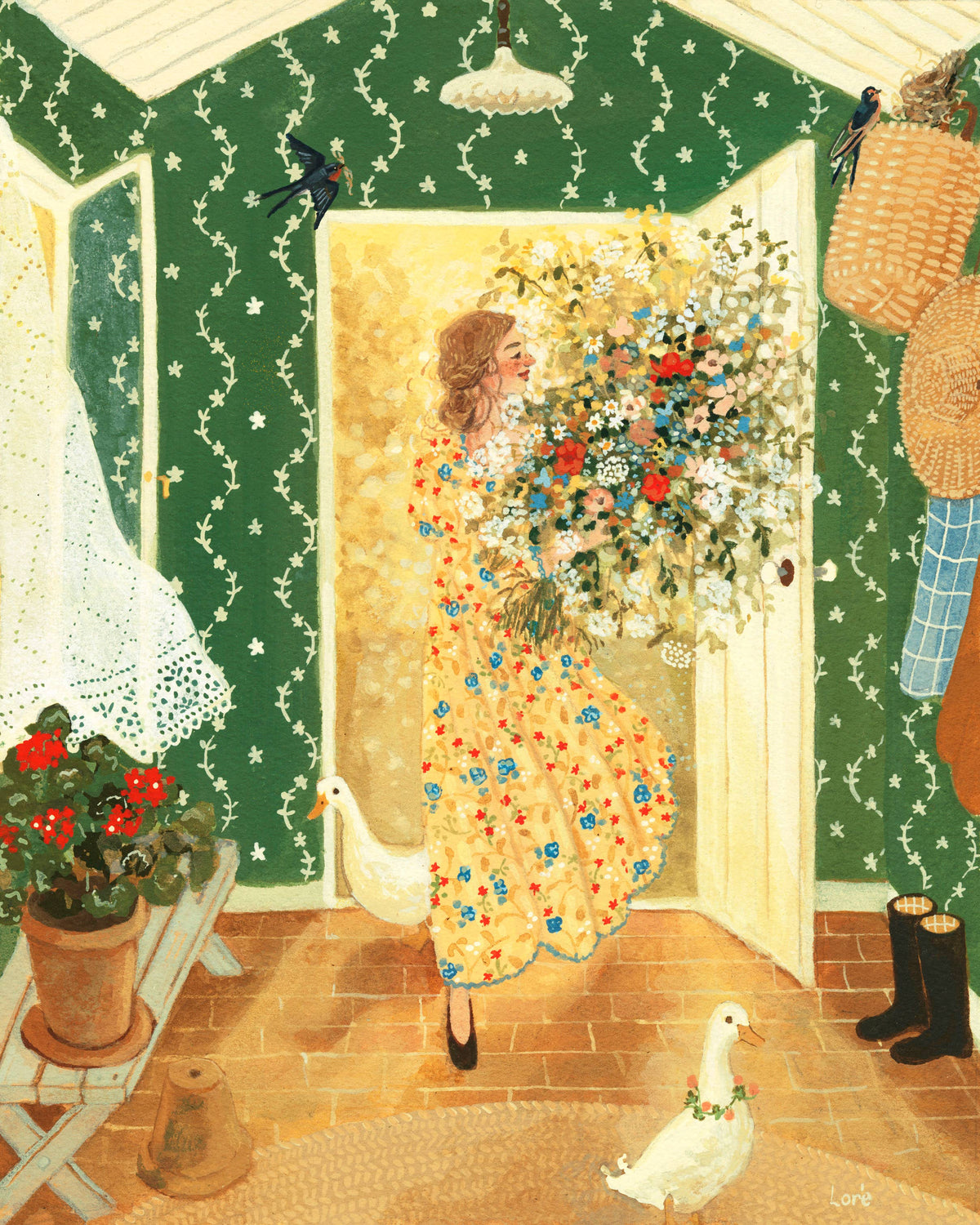 Karte Willkommen im Sommer von Loré Pemberton: Blumenstrauß und Gänse vor einem einladenden Haus im Sommer