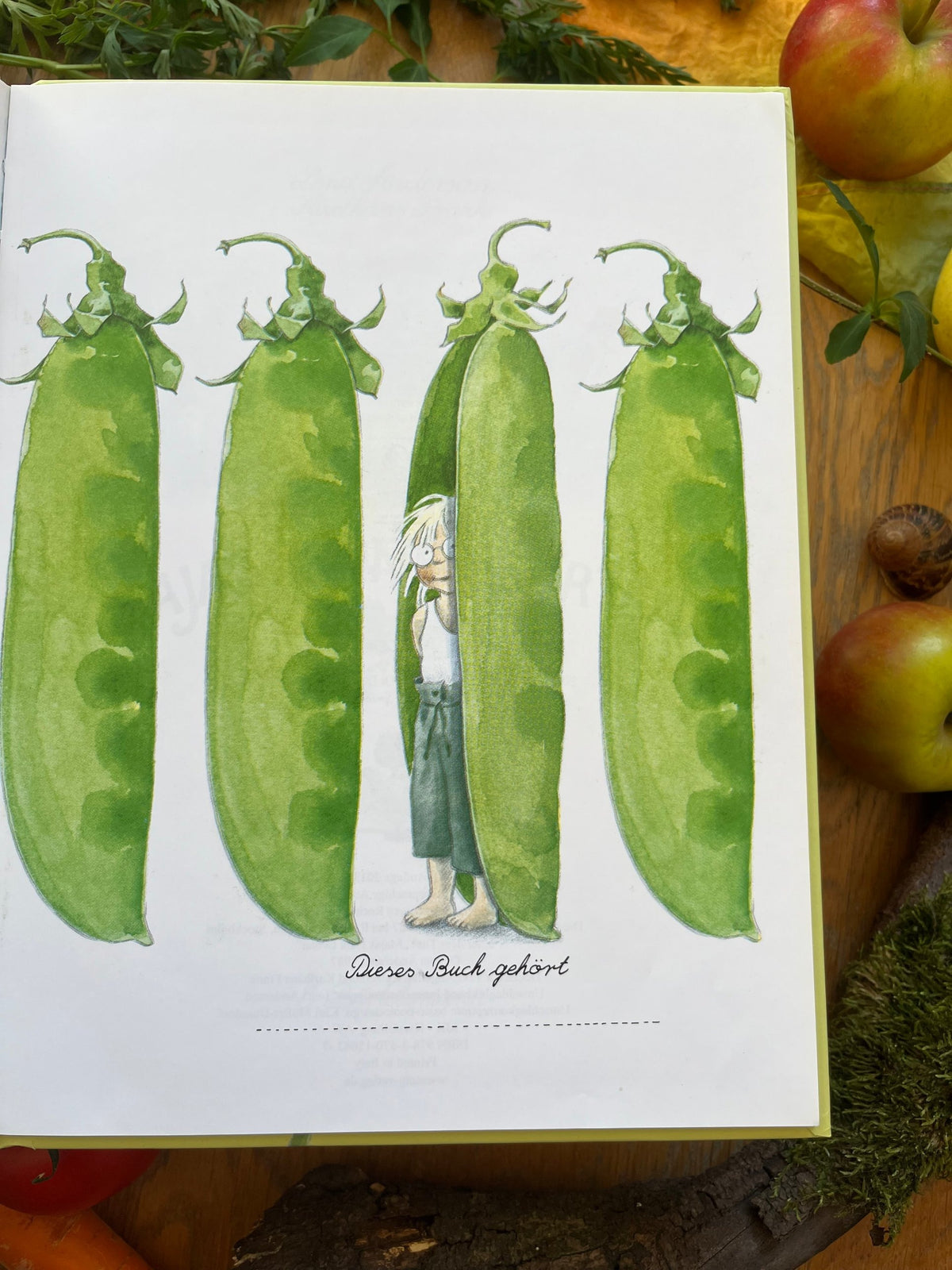 Bilderbuch Majas kleiner Garten von Lena Anderson 2. Hand, Blick ins Buch mit Maja hinter Erbsenschoten, Foto