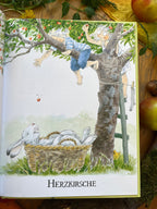 Bilderbuch Majas kleiner Garten von Lena Anderson 2. Hand, Blick ins Buch mit Kindern im Kirschbaum, Foto