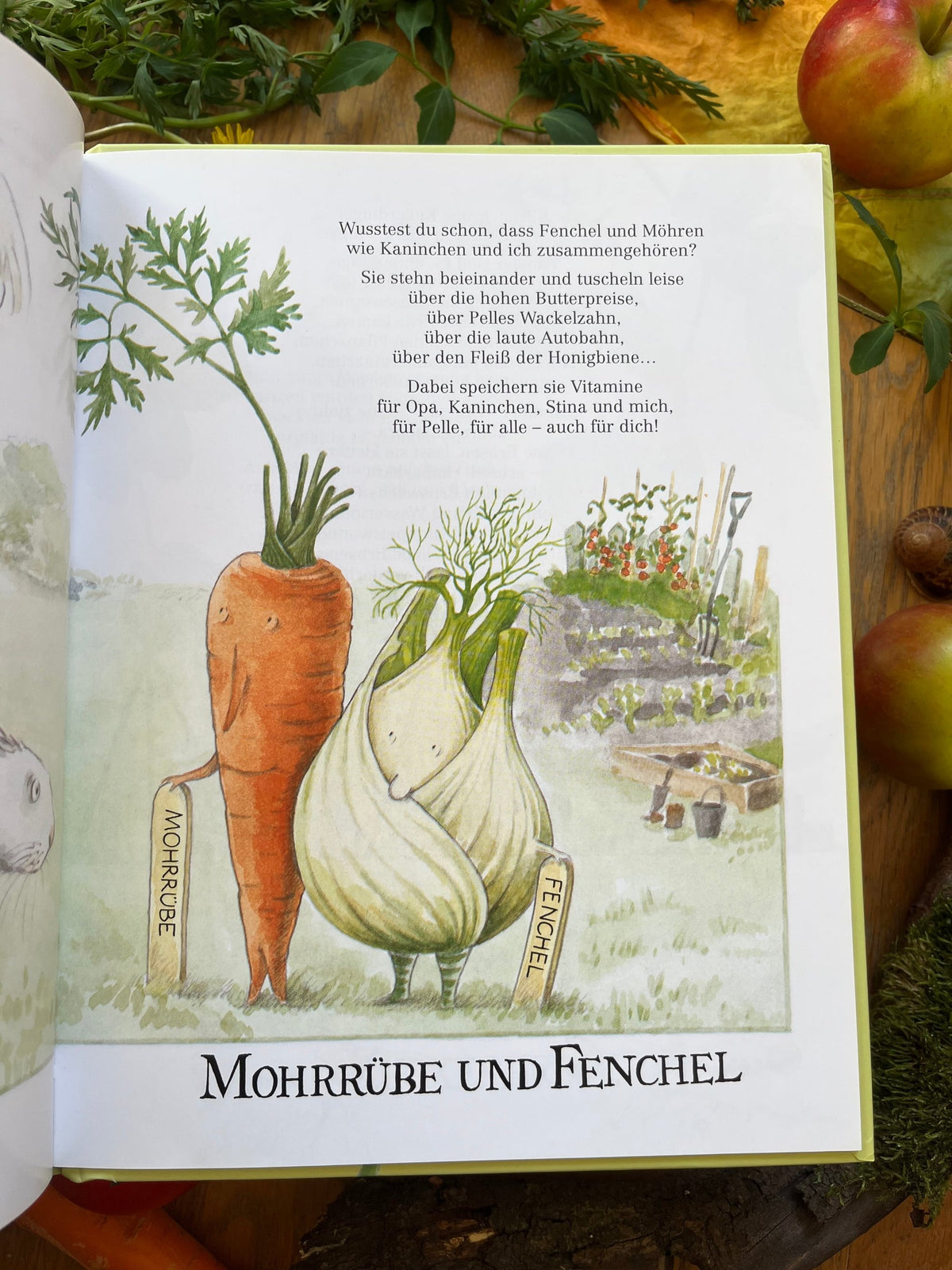 Bilderbuch Majas kleiner Garten von Lena Anderson 2. Hand, Blick ins Buch mit Mohrrübe und Fenchel, Foto
