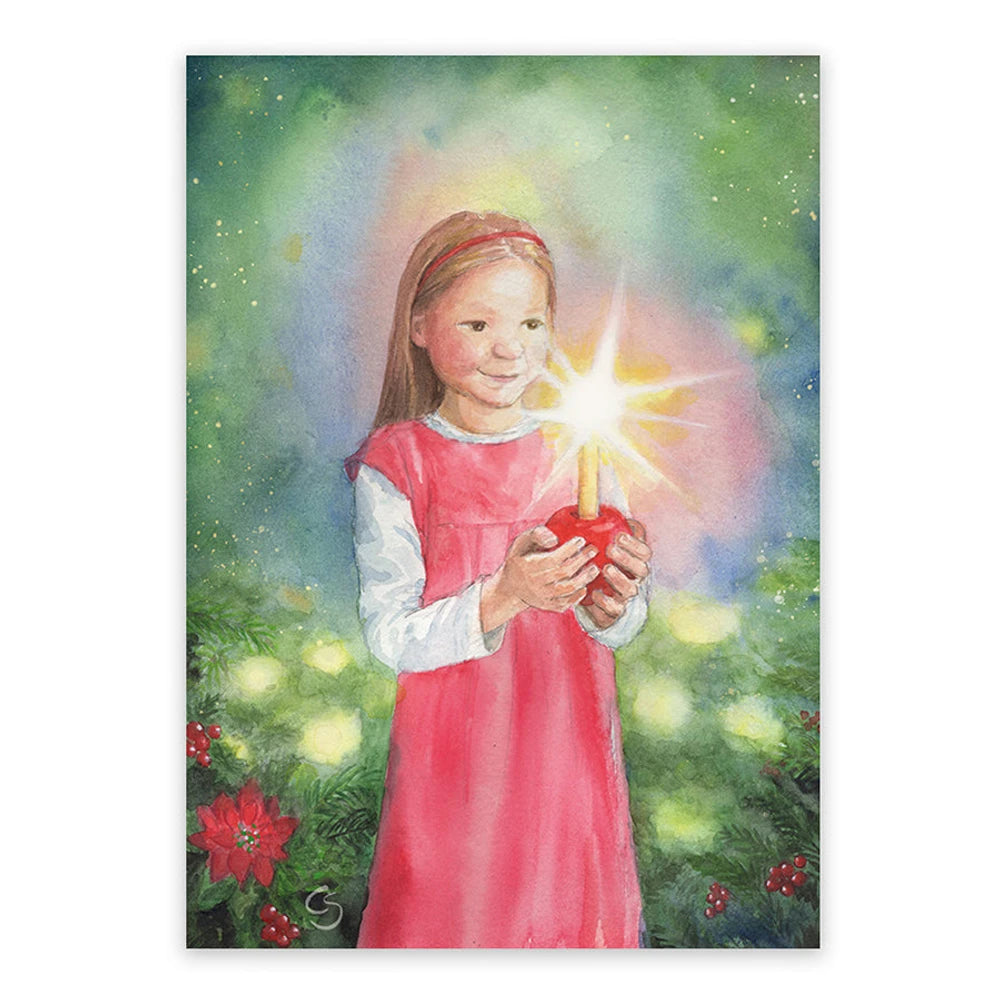 Postkarte Adventsgärtlein von Corinna Schwerdtfeger A6: ein Mädchen im roten Kleid trägt eine brennende Kerze in einem Apfel, ringsum leuchten Lichter