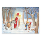 Postkarte Begegnung mit dem Nikolaus von Corinna Schwerdtfeger A6: der Nikolaus mit Stab und einem Esel mit Sack begegnet im verschneiten Wald zwei Kindern mit Schlitten