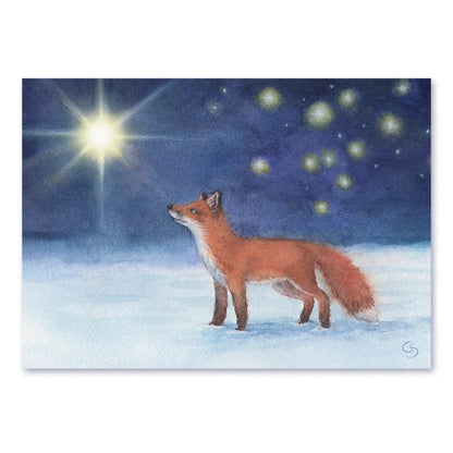 Postkarte Der helle Stern von Corinna Schwerdtfeger A6: ein Fuchs steht im Schnee und blickt zu einem hell strahlenden Stern am Nachthimmel