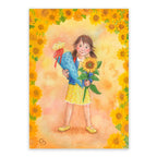 Postkarte Einschulung Carla von Corinna Schwerdtfeger A6: ein Mädchen mit blauer Schultüte und Sonnenblumen in einem Rahmen aus Sonnenblumen