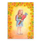 Postkarte Einschulung Clara von Corinna Schwerdtfeger A6: ein Mädchen mit roter Schultüte und Sonnenblume im blauen Kleid, Rahmen aus Sonnenblumen