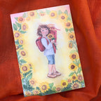 Postkarte Einschulung Jona von Corinna Schwerdtfeger A6 auf rotem Tuch, Stimmungsbild