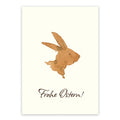 Postkarte Frohe Ostern von Corinna Schwerdtfeger A6: ein Hase in Brauntönen als Aquarell auf cremefarbenem Naturkarton, Schriftzug Frohe Ostern