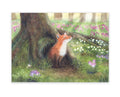 Postkarte Fuchs im Frühling von Corinna Schwerdtfeger A6: ein Fuchs sitzt vor seinem Bau unter einem alten Baum, ringsum weiße Frühlingsblumen und lila Krokusse