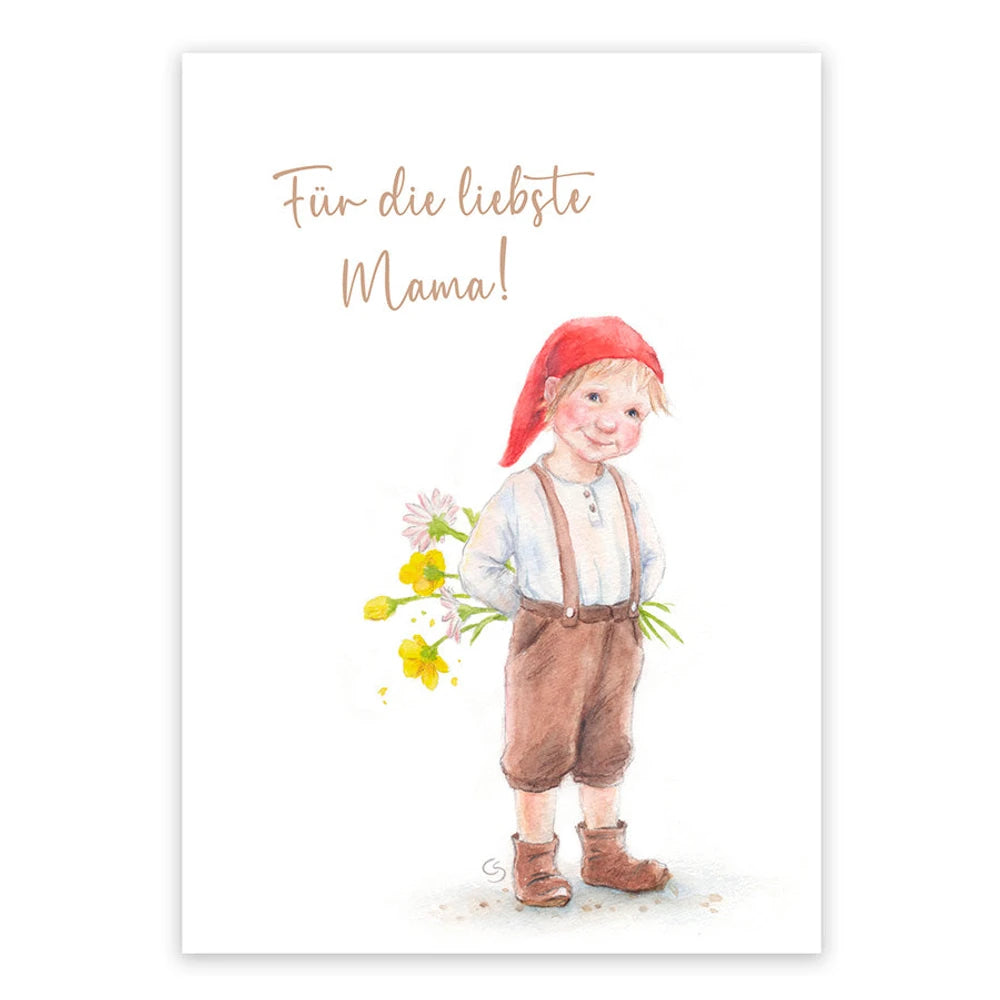 Postkarte Für die liebste Mama von Corinna Schwerdtfeger A6: ein Wichteljunge mit roter Mütze versteckt einen Strauß gelber Blumen hinter dem Rücken, Schriftzug Für die liebste Mama