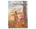 Postkarte Herbstfreude von Corinna Schwerdtfeger A6: zwei Kinder werfen unter einem Baum buntes Herbstlaub in die Luft, ein Eichhörnchen schaut vom Ast zu