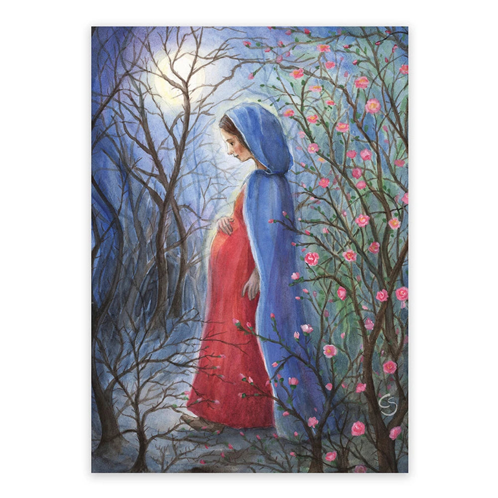 Postkarte Maria durch ein’ Dornwald ging von Corinna Schwerdtfeger A6: Maria im blauen Mantel geht im Mondlicht durch einen dunklen Dornwald, an den Zweigen blühen rosa Rosen