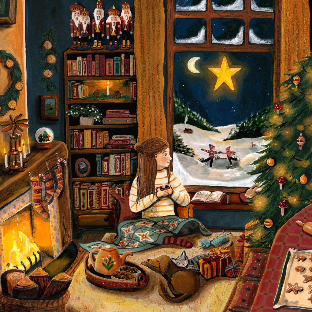 Motiv Gemütliche Weihnachten von Esther Bennink für die magische Lampe: Gemütliches Zimmer mit Kamin, Bücherregal und Tannenbaum, draußen Schlittschuhläufer, Ansicht 2