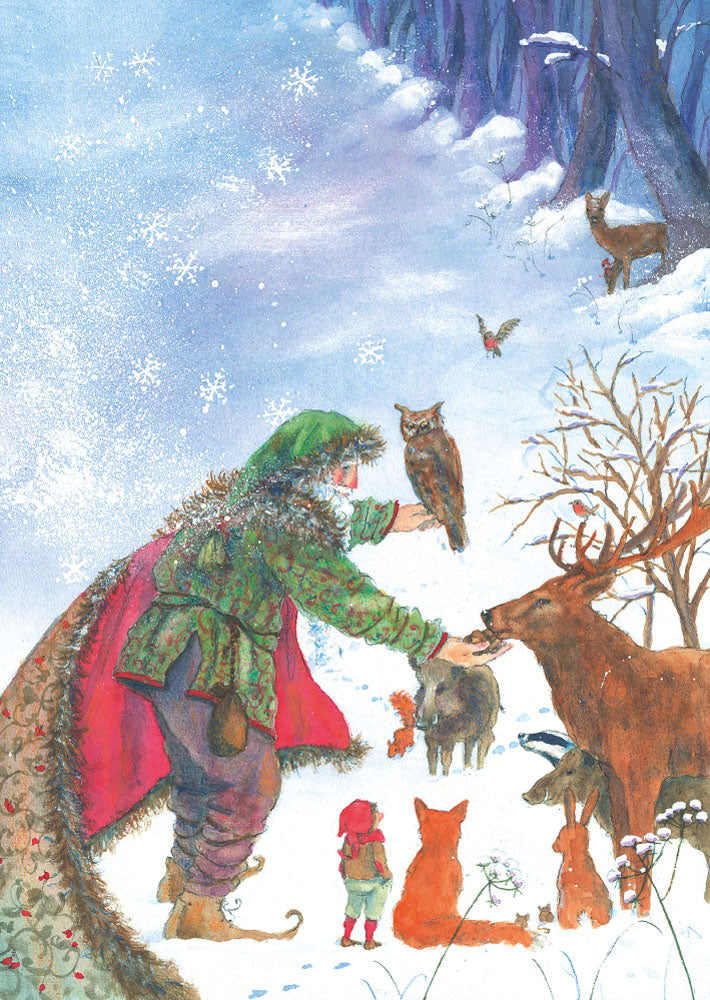 Postkarte Der Winter von Daniela Drescher A6, der Winter als alter Mann im Kapuzenmantel mit Hirsch, Fuchs, Eule, Hase und einem kleinen Zwerg im Schnee