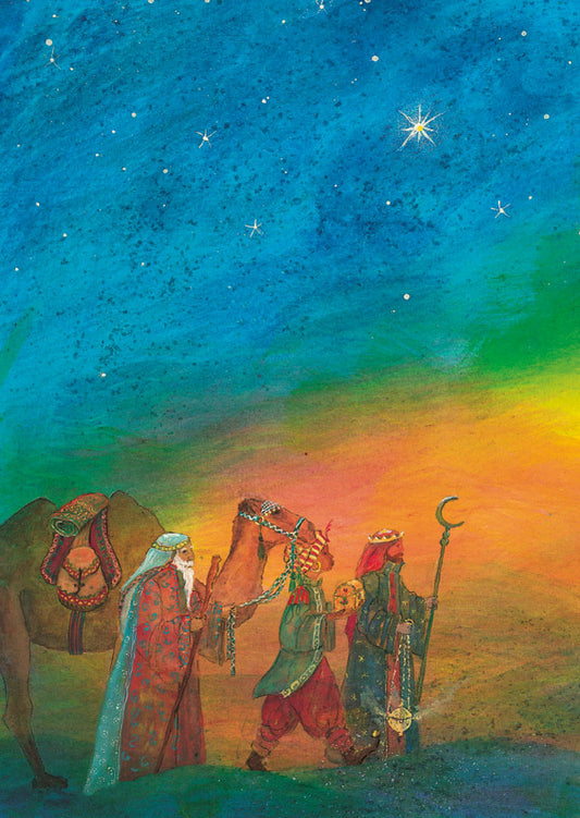 Postkarte Drei Könige von Daniela Drescher A6, drei Könige mit Kamel unter einem leuchtenden Stern vor einem Himmel von Blau bis Orange