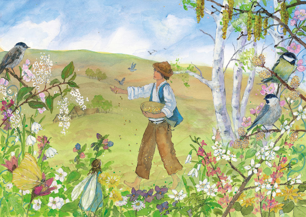 Postkarte Sämann von Daniela Drescher A6, Sämann streut Saat über ein Frühlingsfeld, Meisen in blühenden Zweigen und Birken, kleine Elfen zwischen den Blumen