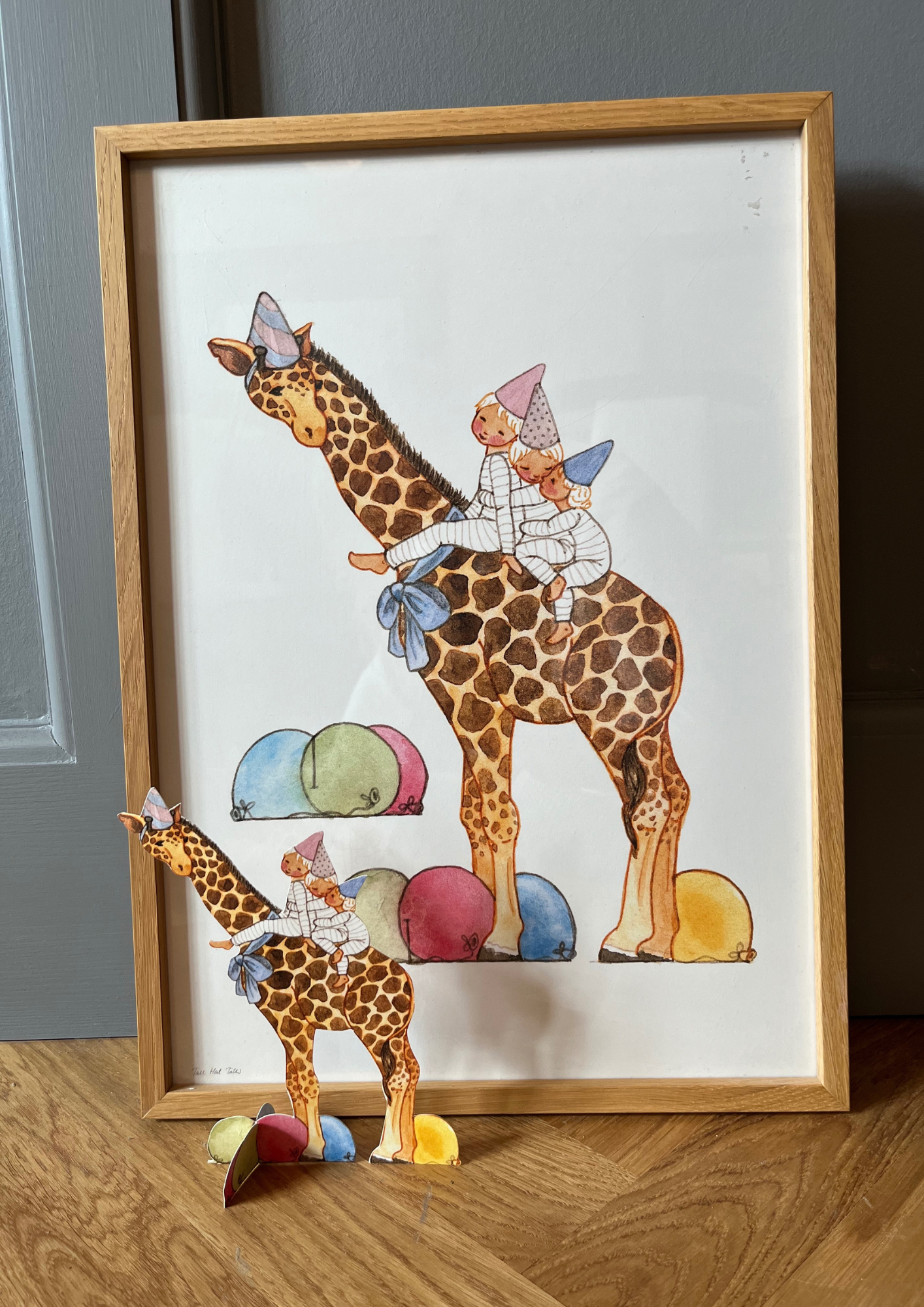 Print - Giraffe mit Luftballons und Kindern A3