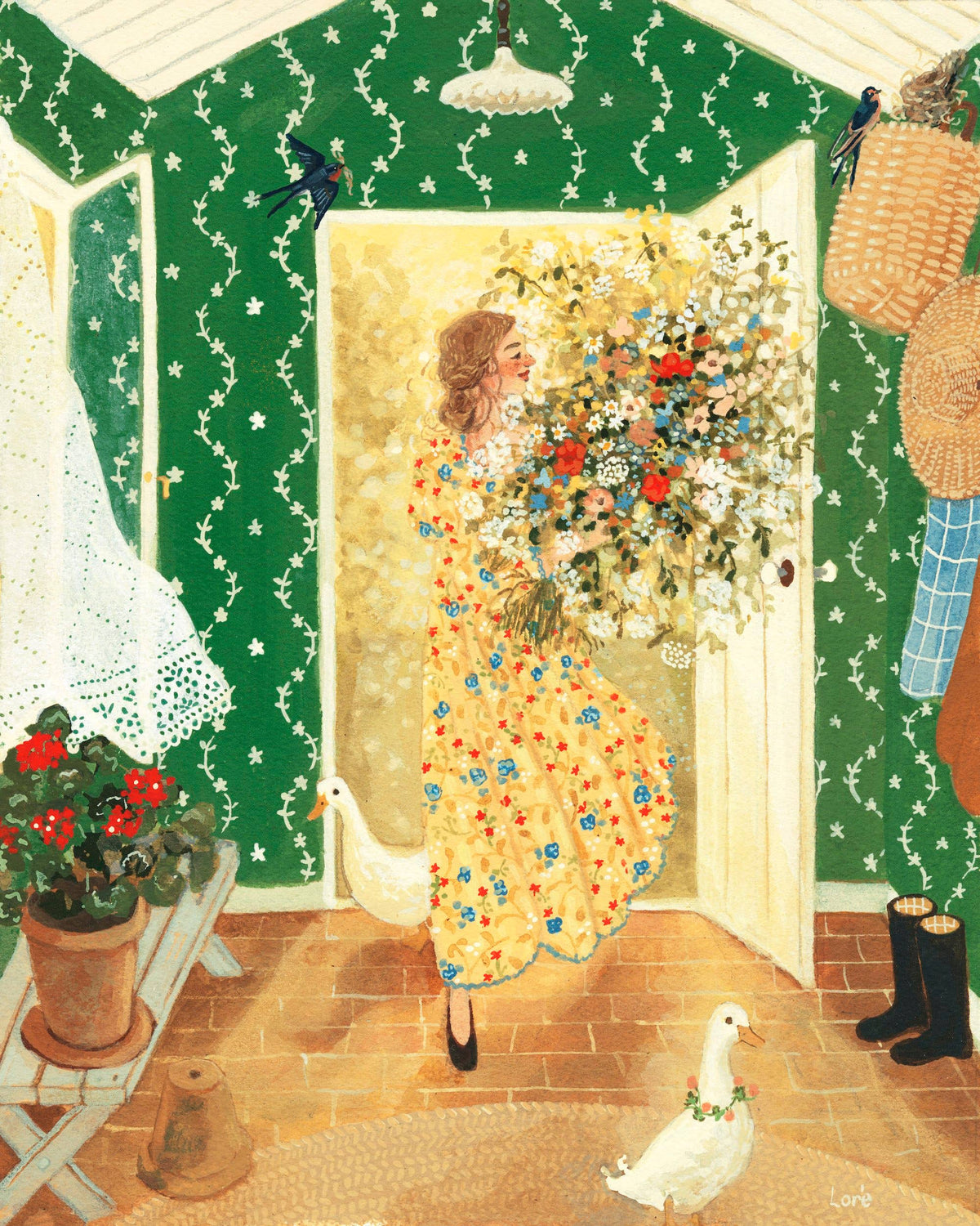 Kunstdruck Begrüßung im Sommer von Loré Pemberton: Blumenstrauß und Gänse vor einem einladenden Haus im Sommer