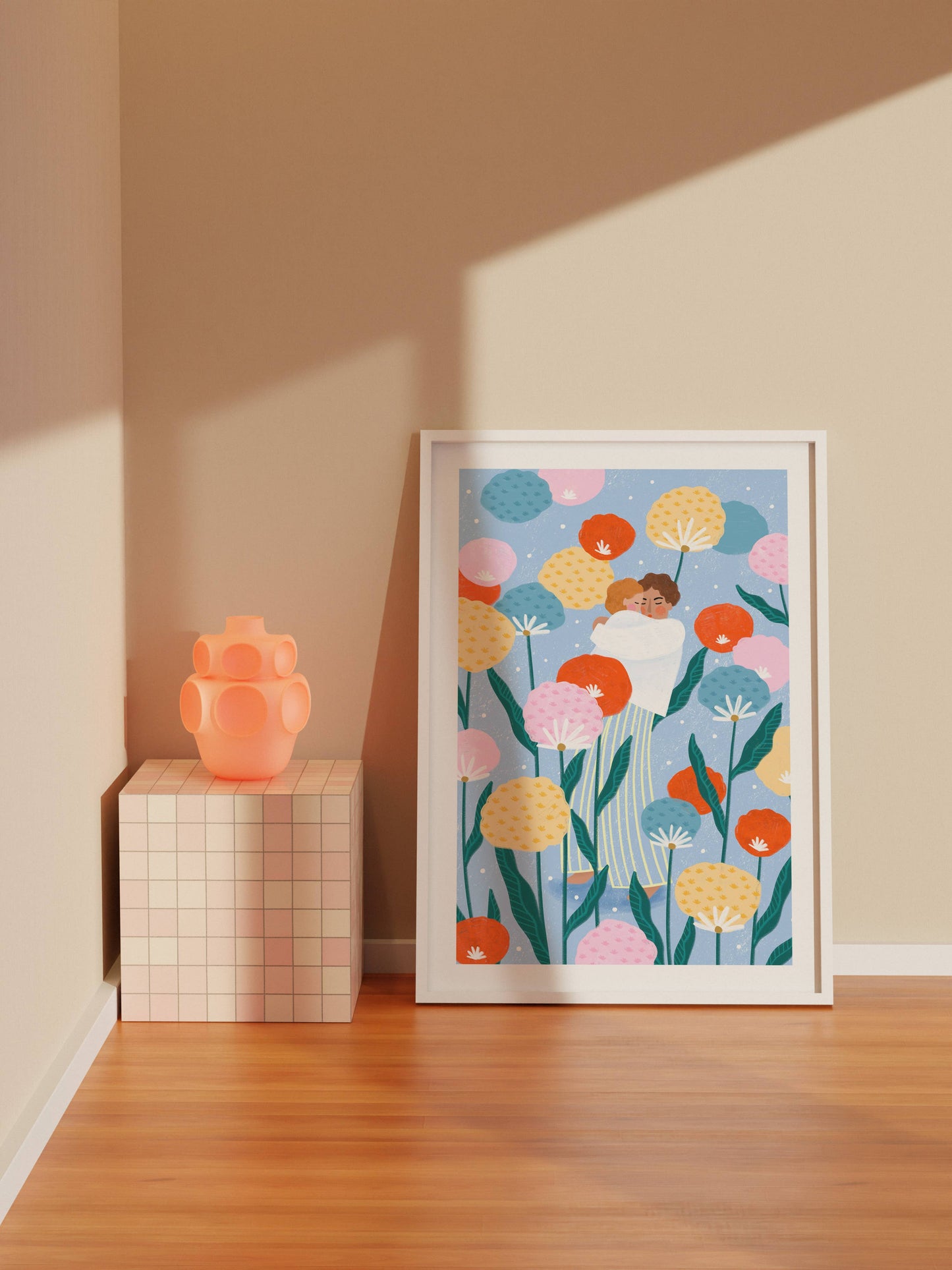 Mama und Baby im Blumengarten - Kunstdruck A3