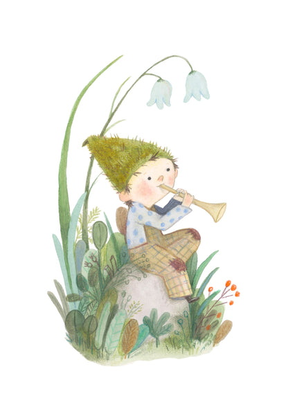 Kunstdruck -  Waldelf mit Trompete